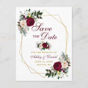 Carte Postale Faire-part Bourgogne Floral Gold Frame Enregistrer La Date