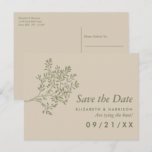 Carte Postale Faire-part Branche d'olivier, Économisez la date de mariage r (Devant / Derrière)