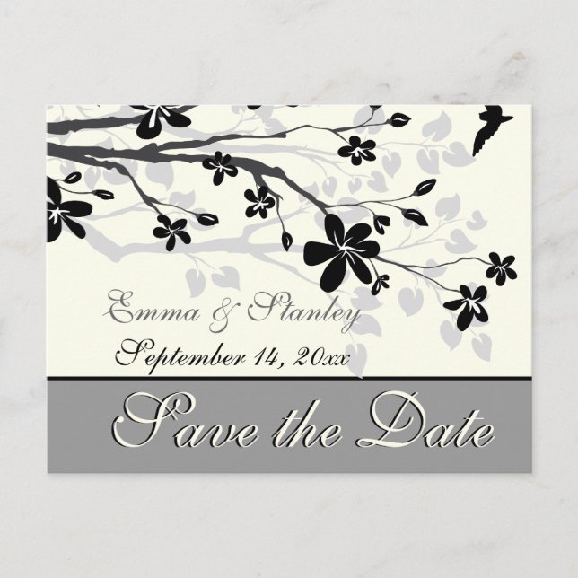 Carte Postale Faire-part Branche Magnolia mariage gris noir Enregistrer la  (Devant)
