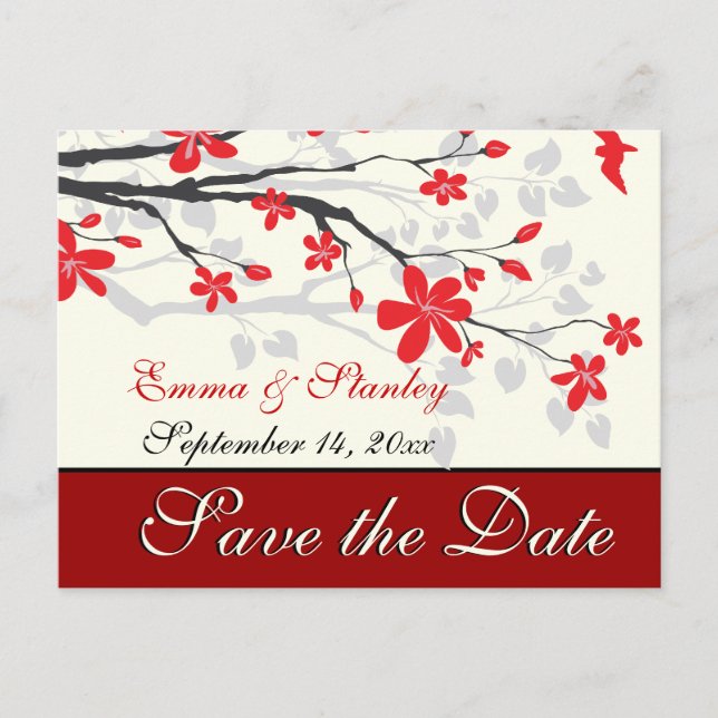 Carte Postale Faire-part Branche Magnolia rouge mariage personnalisé Enregi (Devant)