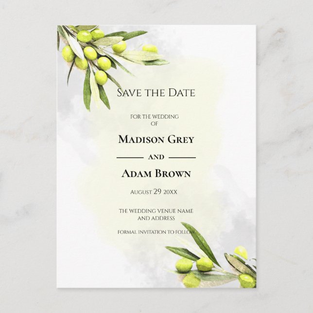 Carte Postale Faire-part Branches d'olive à l'aquarelle élégantes Enregistr (Devant)