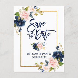 Carte Postale Faire-part Brosse Script Pink Blue Floral Gold Enregistrer la