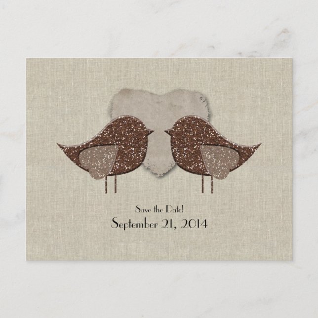 Carte Postale Faire-part Brown Lovebirds lin Look Enregistrer la date (Devant)