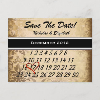 Carte Postale Faire-part Brown Vintage Damask Enregistrer la date