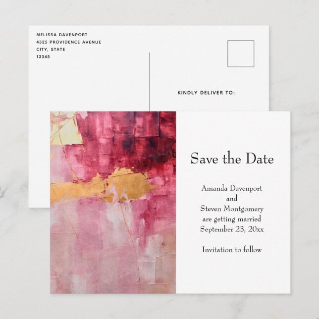 Carte Postale Faire-part Brush artistique frappe Gold et Mariage rose (Devant / Derrière)