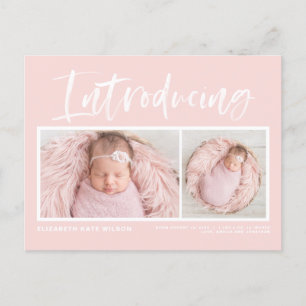 Carte Postale Faire-part Brush Calligraphy Blush Pink Photo Collage Naissan