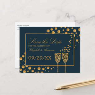 Carte Postale Faire-part Bulles de Champagne d'or, Bleu & Or, Enregistrer l