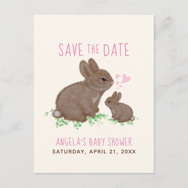 Carte Postale Faire-part Bunnies Hearts Girl Baby shower Enregistrer La Dat (Devant)