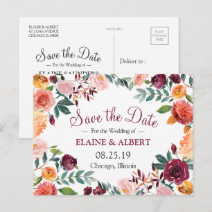 Carte Postale Faire-part Burgundy Aquarelle Floral Enregistrer La Date Cart