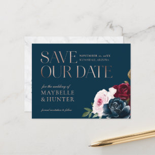 Carte Postale Faire-part Burgundy Aquarelle Rose Or Enregistrer notre date 
