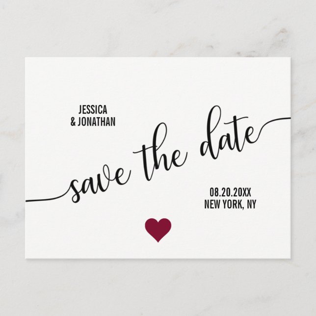 Carte Postale Faire-part BURGUNDY Blanc Noir Mariage SAUVEGARDEZ LA DATE (Devant)
