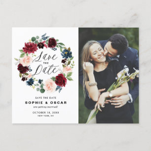 Carte Postale Faire-part Burgundy & Blue Floral Wreath Photo Enregistrer la