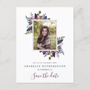 Carte Postale Faire-part Burgundy Blue Leaves Sweet 16 Photo Enregistrer la
