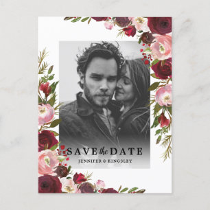Carte Postale Faire-part Burgundy Blush Floral Photo Enregistrer la date