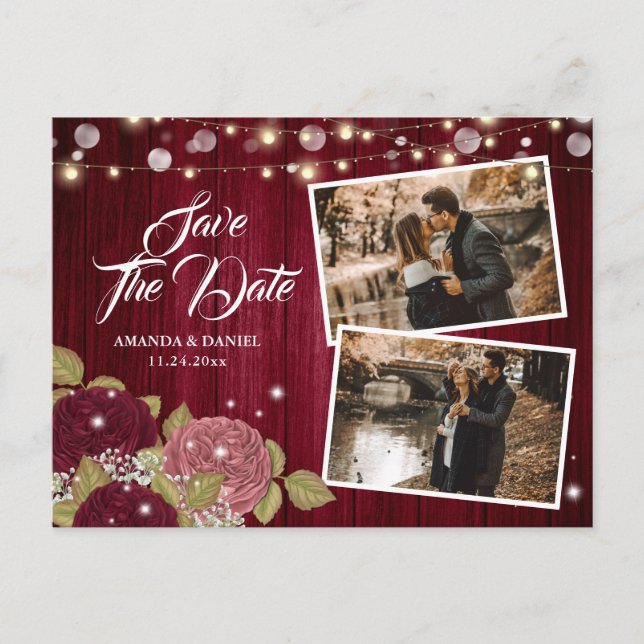 Carte Postale Faire-part Burgundy Blush Rose 2 Photo Enregistrer La Date (Devant)