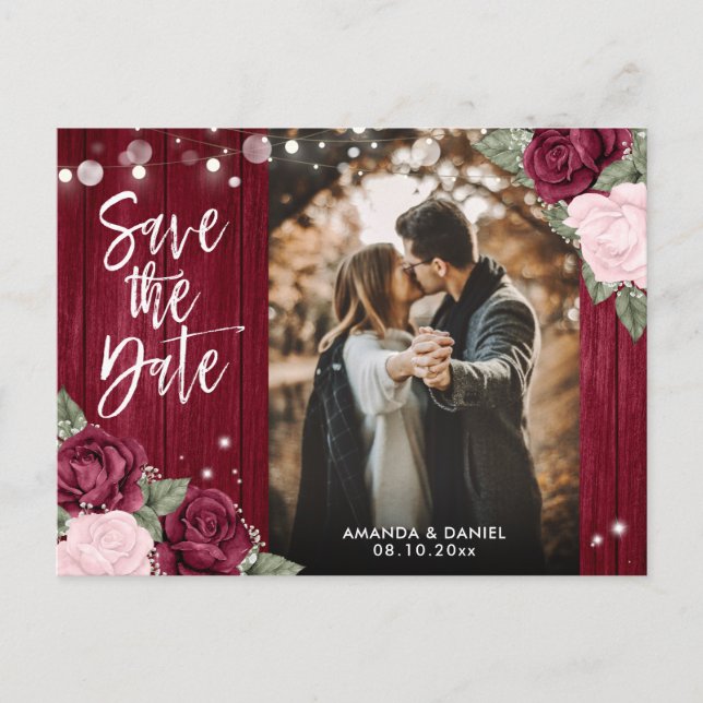 Carte Postale Faire-part Burgundy Blush Rustic Mariage Photo Enregistrer La (Devant)