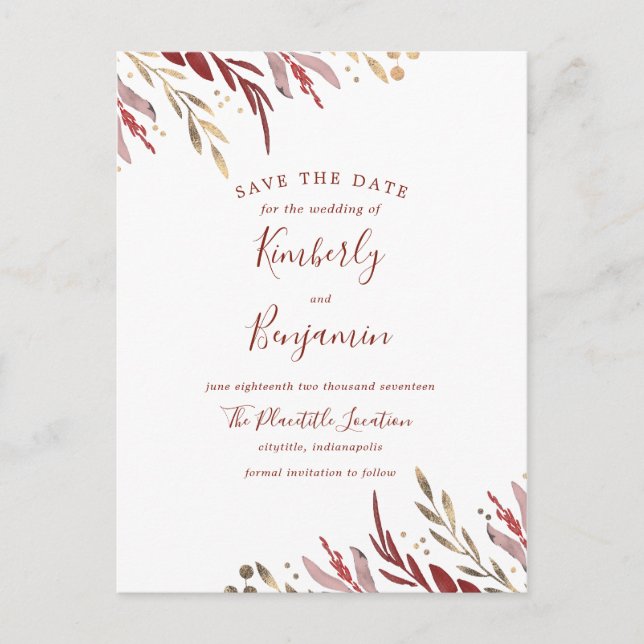 Carte Postale Faire-part Burgundy et Gold Elegant Branches Enregistrer la d (Devant)