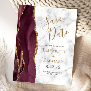 Carte Postale Faire-part Burgundy Gold Agate Marble Enregistrer la date