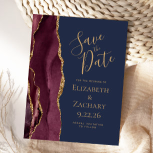Carte Postale Faire-part Burgundy Gold Agate Marine Bleu Enregistrer la dat