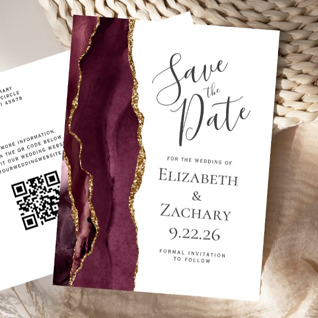 Carte Postale Faire-part Burgundy Gold Agate QR Code Enregistrer la date (Créateur téléchargé)