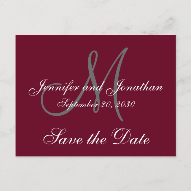 Carte Postale Faire-part Burgundy Grey Script Monogram Formal Enregistrer l (Devant)