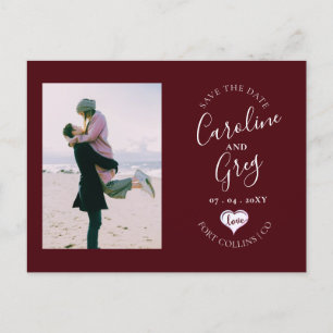 Carte Postale Faire-part Burgundy Love Typographie Photo Enregistrer la Dat