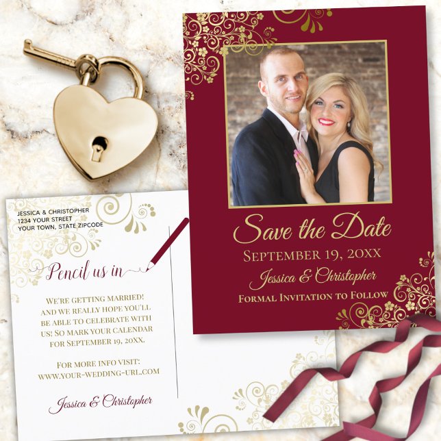 Carte Postale Faire-part Burgundy Marron & Or Photo Enregistrer la Date Mar (Front/Back)