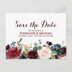 Carte Postale Faire-part Burgundy Red Navy Floral Rustic Boho Enregistrer l