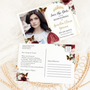 Carte Postale Faire-part Burgundy Rouge Fleurs de Quinceañera en Photo S