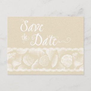 Carte Postale Faire-part Burlap Beach Sauvez la date avec dentelle et coqui