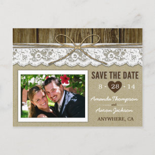 Carte Postale Faire-part Burlap et dentelle Enregistrer la date Mariage Car