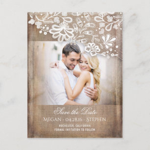 Carte Postale Faire-part Burlap et dentelle Rustic Photo Enregistrer la dat