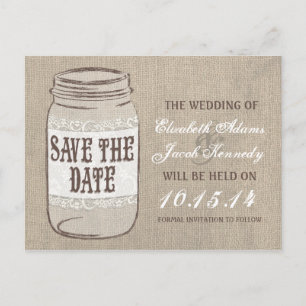 Carte Postale Faire-part Burlap Lace Mason Jar Enregistrer la date