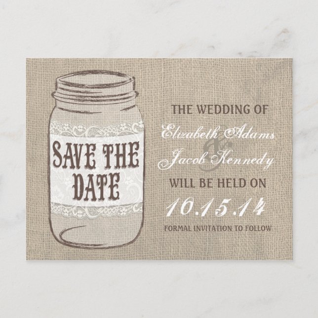 Carte Postale Faire-part Burlap Lace Mason Jar Enregistrer la date (Devant)