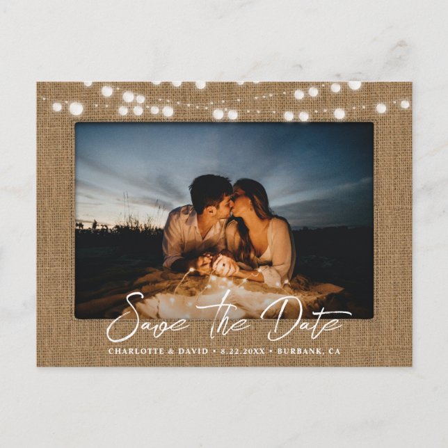 Carte Postale Faire-part Burlap String Lights Mariage Photo Enregistrer La  (Devant)