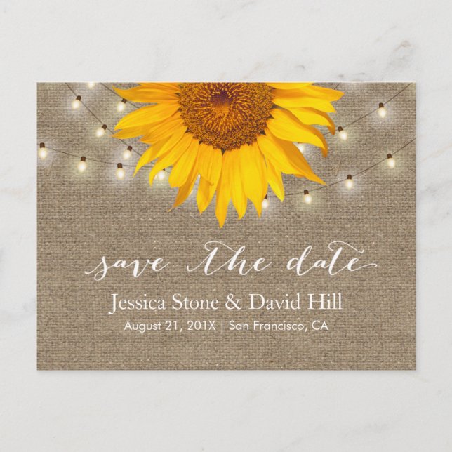 Carte Postale Faire-part Burlap String Lights & Sunflower Enregistrer la da (Devant)