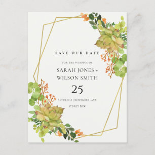 CARTE POSTALE FAIRE-PART CACTUS SUCCULENT ORANGE ÉCONOMISEZ L'EAU DATE DE S