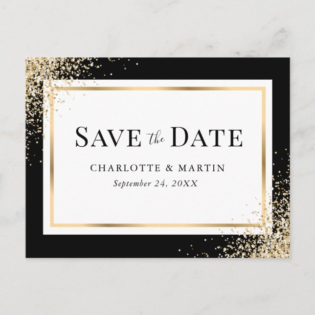 Carte Postale Faire-part Cadre Confetti Gold Noir Mariage élégant (Devant)