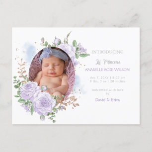 Carte Postale Faire-part Cadre floral Fille Violette Photo Annonce de naiss