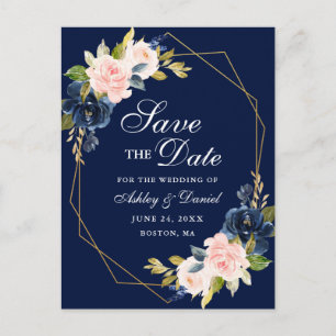 Carte Postale Faire-part Cadre or rose flou bleu bleu Enregistrer la date