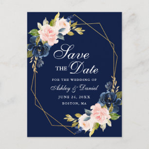Carte Postale Faire-part Cadre or rose flou bleu floral bleu Enregistrer la