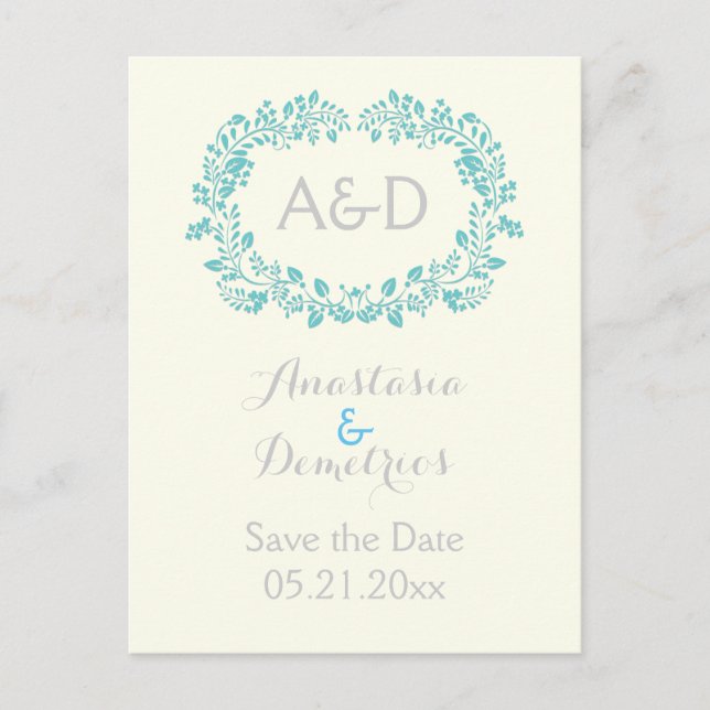 Carte Postale Faire-part Cadres de feuillage Aqua initiales mariage Enregis (Devant)