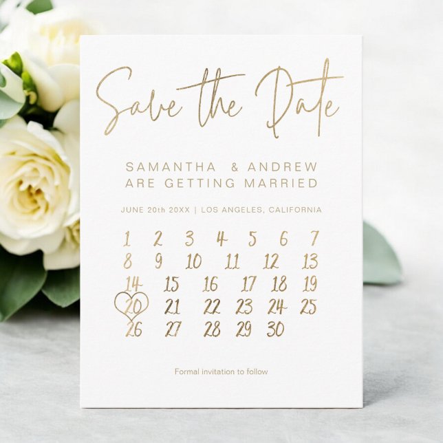 Carte Postale Faire-part Calendrier blanc or simple enregistrer la date (Simple gold white calendar save the date announcement postcard)