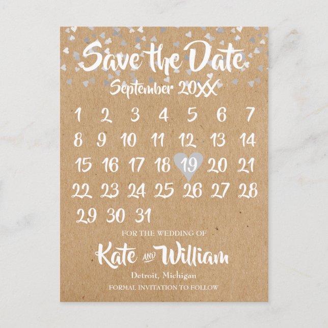 Carte Postale Faire-part Calendrier cœur d'amour en argent rustique Enregis (Devant)