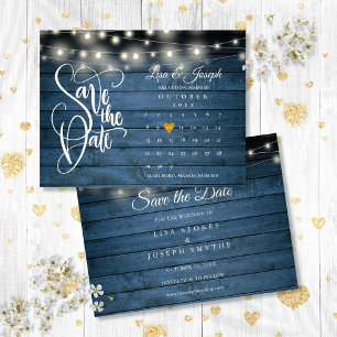 Carte Postale Faire-part Calendrier Cœur Doré Bleu Rustique Étape à franchi