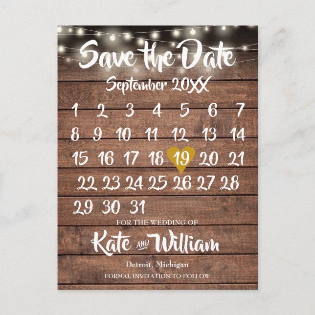 Carte Postale Faire-part Calendrier cœur doré en bois rustique, Enregistrez (Devant)