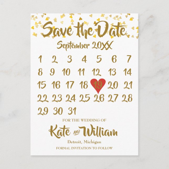 Carte Postale Faire-part Calendrier de confettis Love Hearts pour sauvegard (Devant)