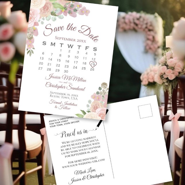 Carte Postale Faire-part Calendrier de mariage à fleurs rose poudré pour an (Front/Back)