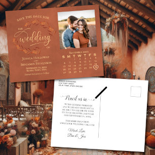 Carte Postale Faire-part Calendrier de mariage avec feuilles en terre cuite