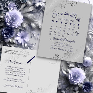 Carte Postale Faire-part Calendrier de mariage gris argent et marine pour a